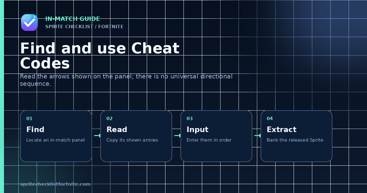 Four-step Fortnite Sprite Cheat Code process: find the panel, read its arrows, enter them, then extract the Sprite